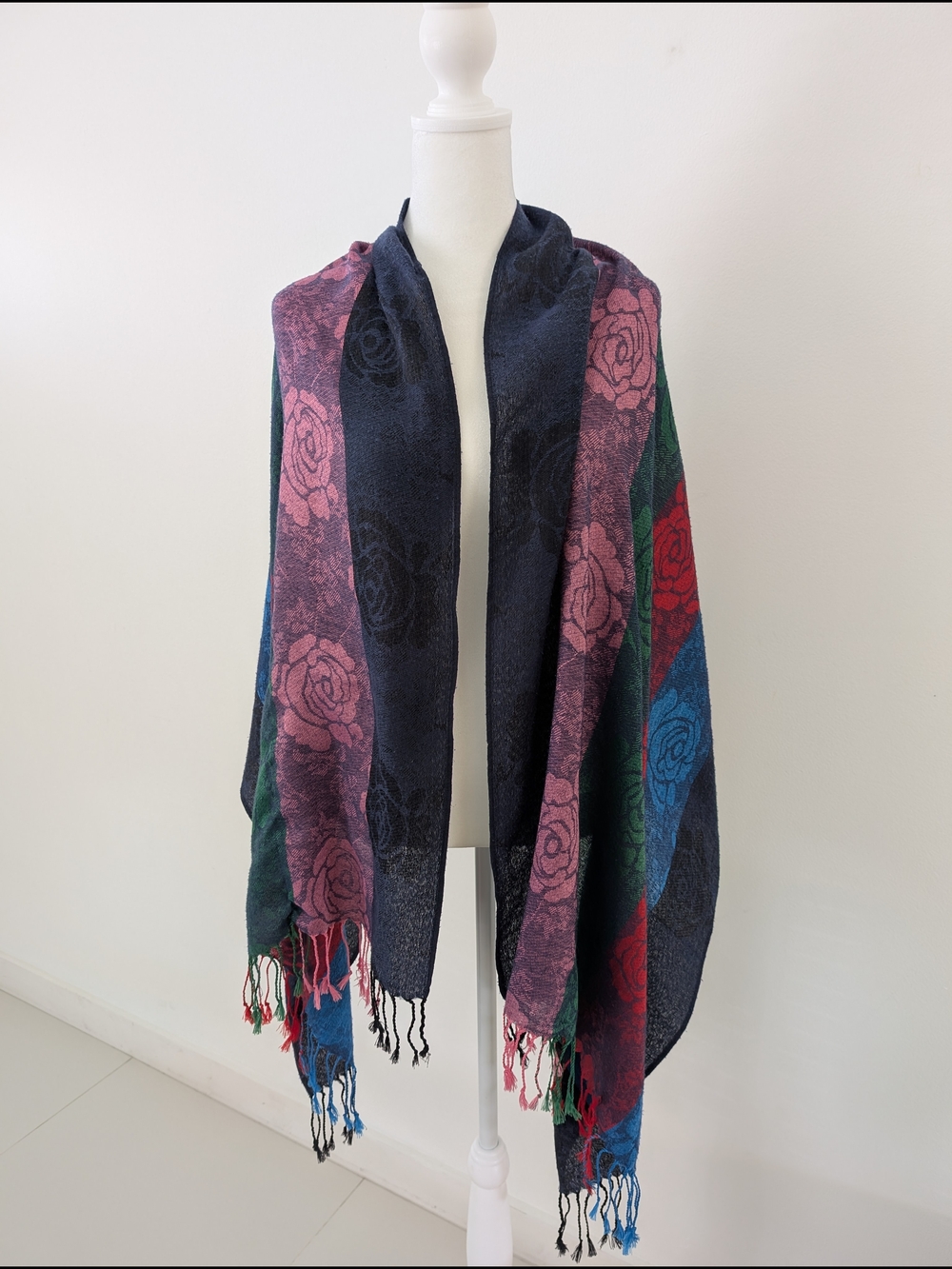Woven Floral Shawl Multicolor Rose Jacquard Pattern Fringe Edges Oversize Scarf - Picture 3 of 7